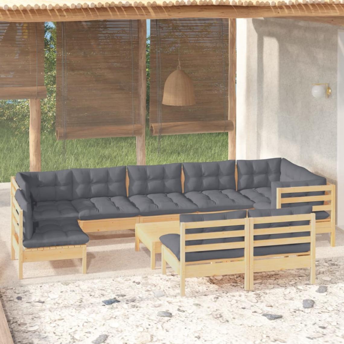 Vidaxl - vidaXL Salon de jardin 10 pcs avec coussins gris Bois de pin massif - Ensembles canapés et fauteuils