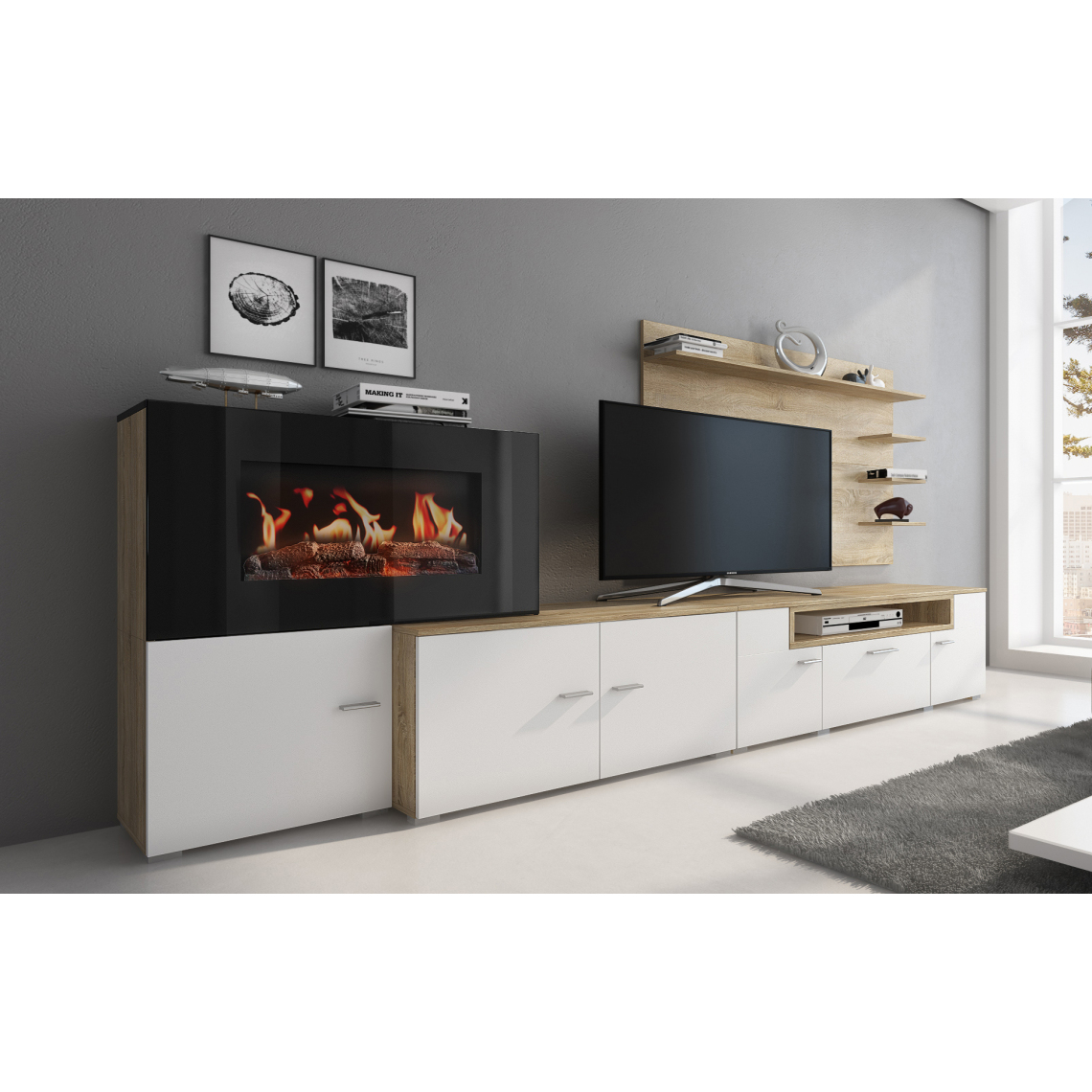 Skraut Home - Meuble+feu électrique,Blanc -Chêne clair,290x170x45 - Meubles TV, Hi-Fi