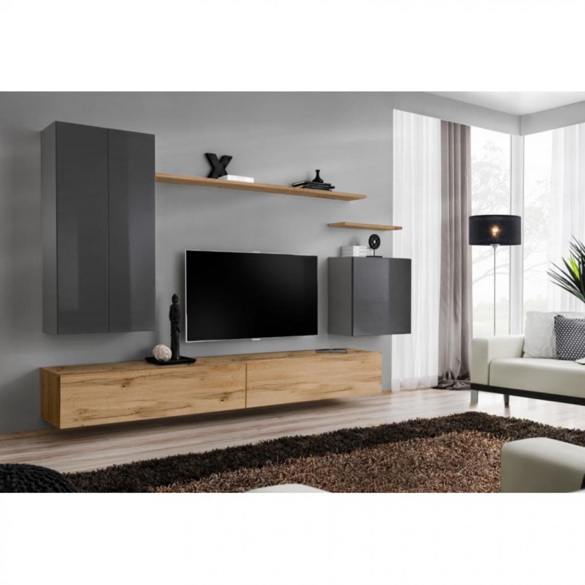 Ac-Deco - Meuble TV Mural Design Switch II 270cm Gris & Naturel - Meubles TV, Hi-Fi