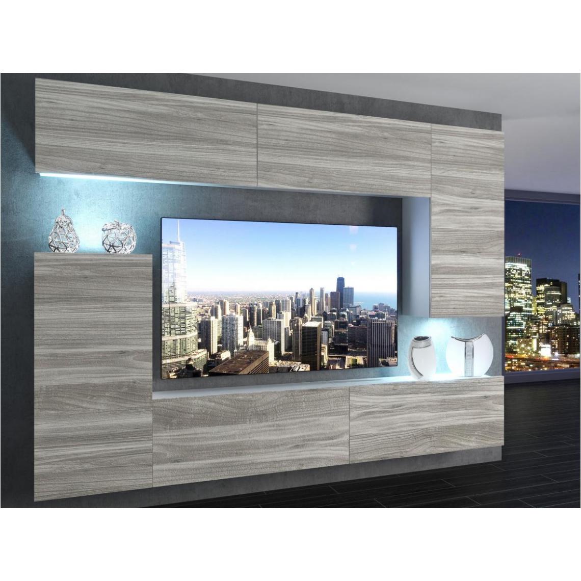 Hucoco - SLIDE - Ensemble meubles TV + LED - Unité murale moderne - Largeur 250 cm - Mur TV à suspendre - Aspect bois - Bois - Meubles TV, Hi-Fi